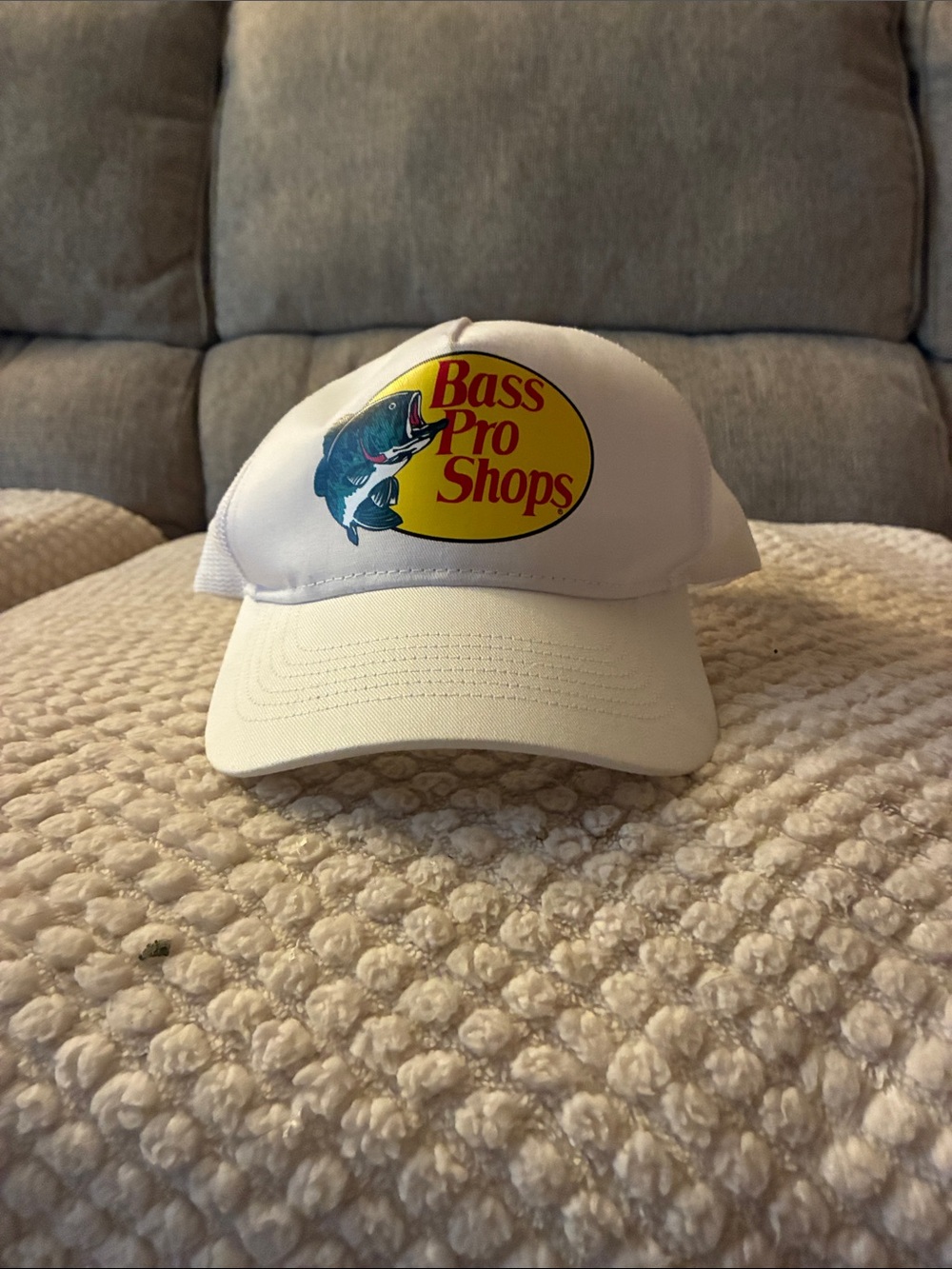 Bass Pro Shops White Hat with Yellow Logo and Blue Fish